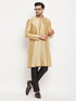 Vastramay Men's Rose Gold Silk Blend Kurta and Black Pant Style Pyjama Set