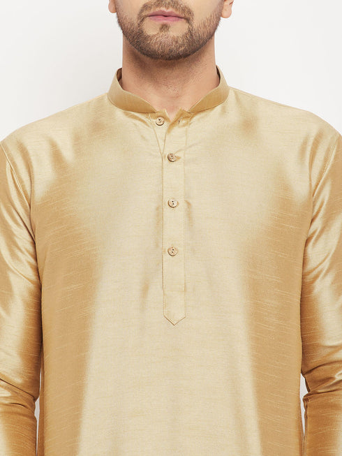 Vastramay Men's Rose Gold Silk Blend Kurta and Black Pant Style Pyjama Set
