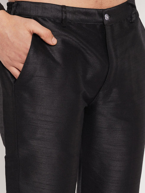 Vastramay Men's Rose Gold Silk Blend Kurta and Black Pant Style Pyjama Set