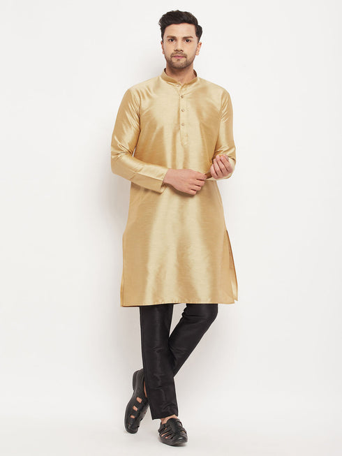 Vastramay Men's Rose Gold Silk Blend Kurta and Black Pant Style Pyjama Set