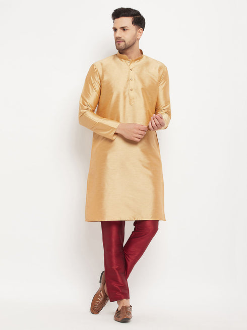 Vastramay Men's Rose Gold Silk Blend Kurta and Maroon Pant Style Pyjama Set