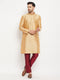 Vastramay Men's Rose Gold Silk Blend Kurta and Maroon Pant Style Pyjama Set