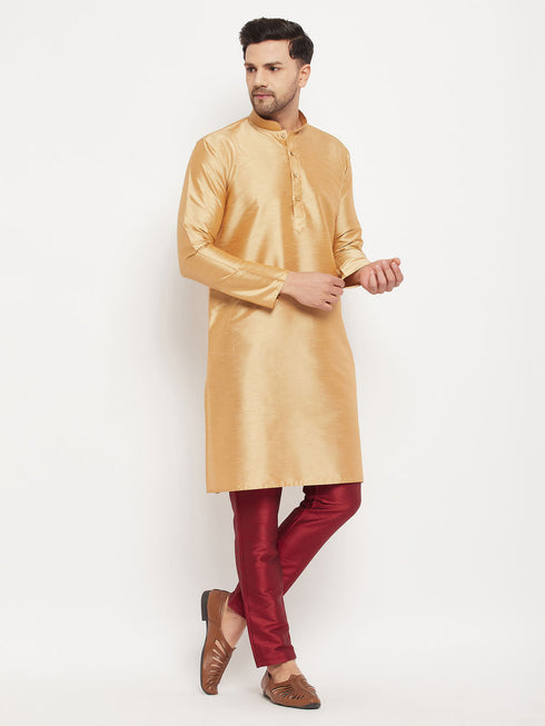 Vastramay Men's Rose Gold Silk Blend Kurta and Maroon Pant Style Pyjama Set