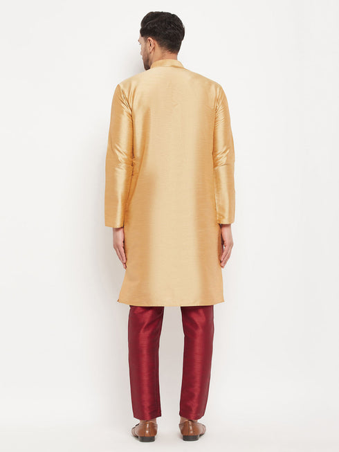 Vastramay Men's Rose Gold Silk Blend Kurta and Maroon Pant Style Pyjama Set