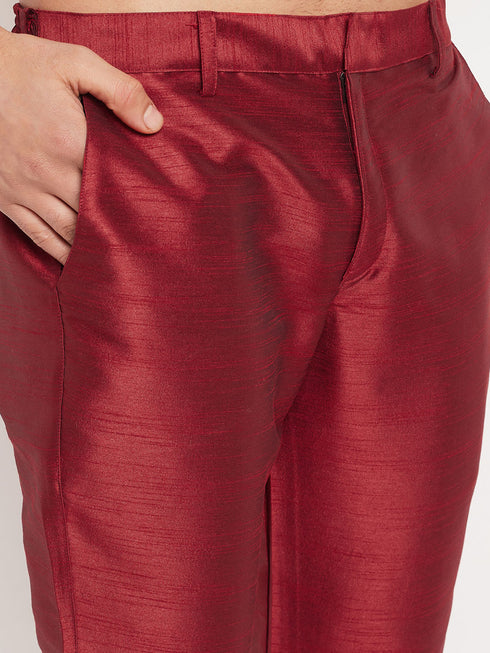 Vastramay Men's Rose Gold Silk Blend Kurta and Maroon Pant Style Pyjama Set