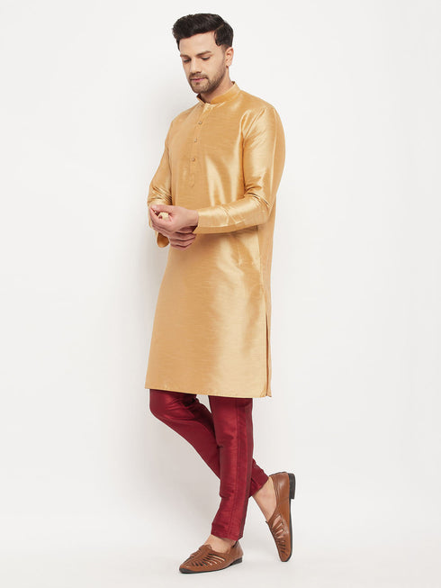 Vastramay Men's Rose Gold Silk Blend Kurta and Maroon Pant Style Pyjama Set
