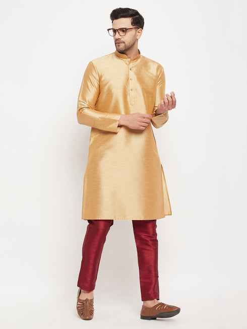 Vastramay Men's Rose Gold Silk Blend Kurta and Maroon Pant Style Pyjama Set