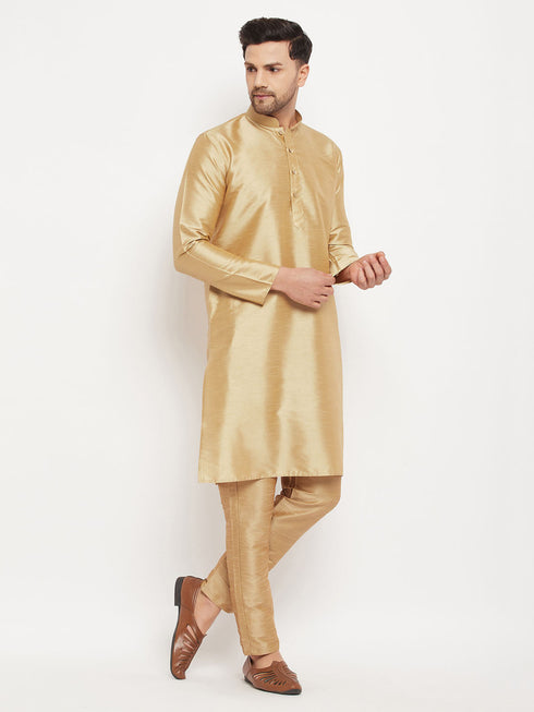 Vastramay Men's Rose Gold Silk Blend Kurta and Rose Gold Pant Style Pyjama Set