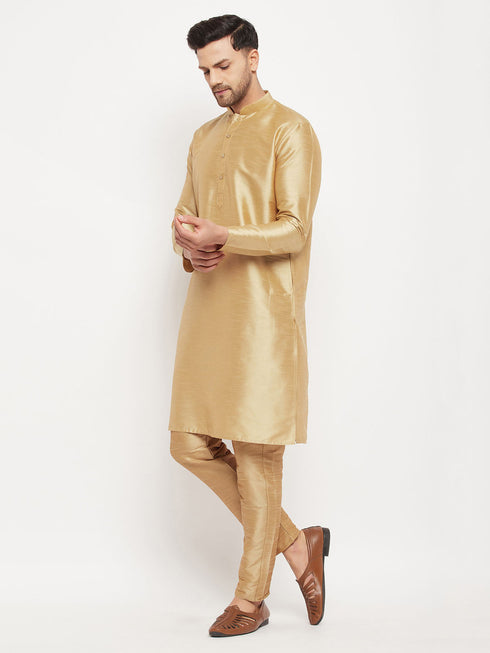 Vastramay Men's Rose Gold Silk Blend Kurta and Rose Gold Pant Style Pyjama Set