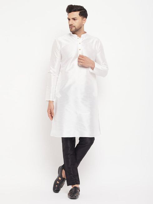 Vastramay Men's White Cotton Silk Blend Kurta and Black Pant Style Pyjama Set