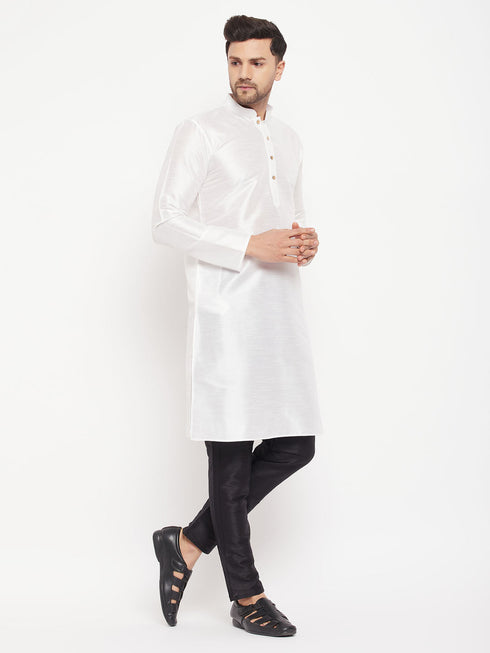 Vastramay Men's White Cotton Silk Blend Kurta and Black Pant Style Pyjama Set