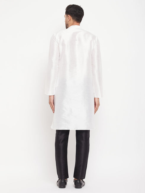 Vastramay Men's White Cotton Silk Blend Kurta and Black Pant Style Pyjama Set