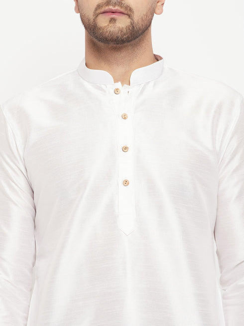 Vastramay Men's White Cotton Silk Blend Kurta and Black Pant Style Pyjama Set