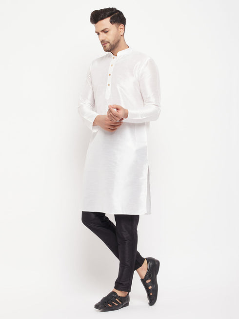 Vastramay Men's White Cotton Silk Blend Kurta and Black Pant Style Pyjama Set