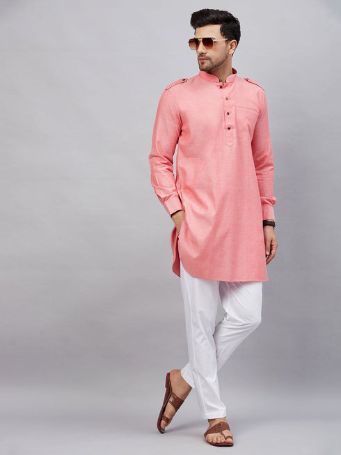 Vastramay Men's Red Cotton Blend Kurta and White Pant Set