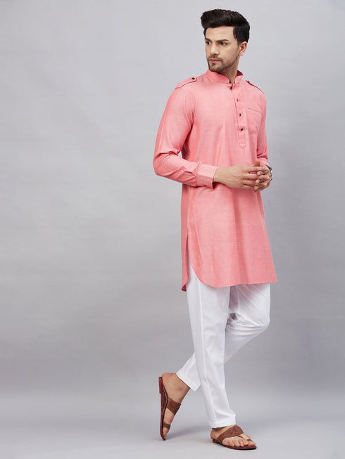 Vastramay Men's Red Cotton Blend Kurta and White Pant Set