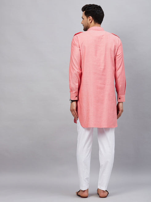 Vastramay Men's Red Cotton Blend Kurta and White Pant Set