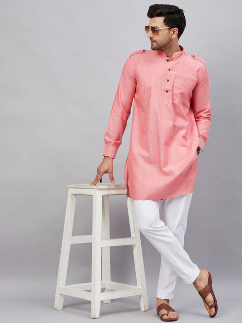 Vastramay Men's Red Cotton Blend Kurta and White Pant Set
