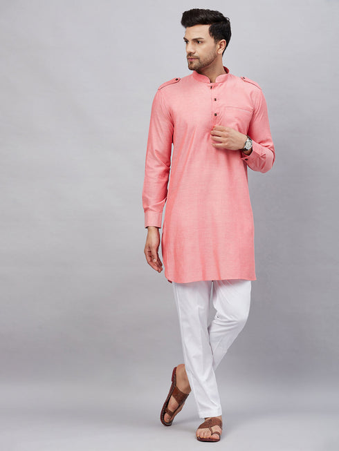 Vastramay Men's Red Cotton Blend Kurta and White Pant Set