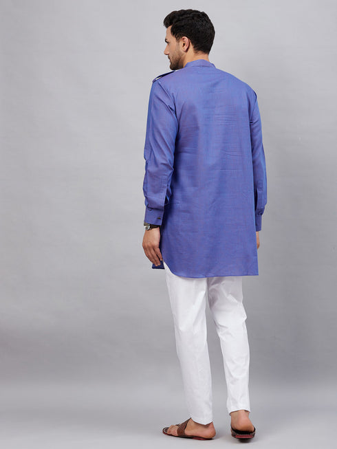 Vastramay Men's Purple Cotton Blend Kurta and White Pant Set