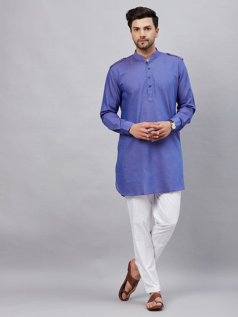 Vastramay Men's Purple Cotton Blend Kurta and White Pant Set