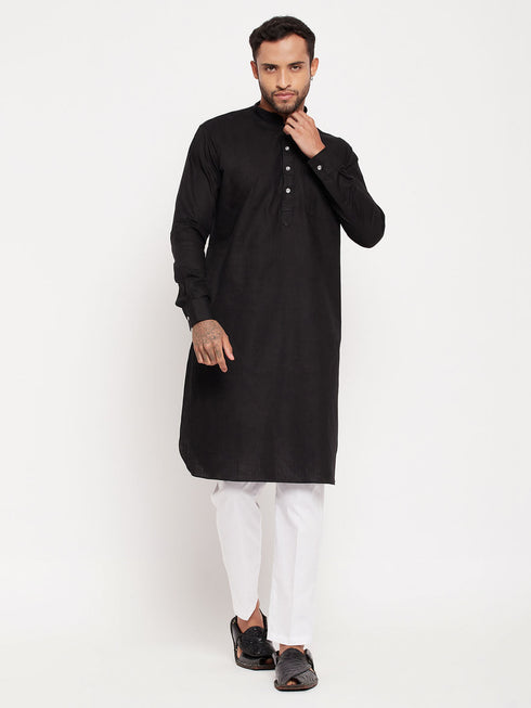 Vastramay Men's Black And White Cotton Blend Pathani Suit With White Pant Set
