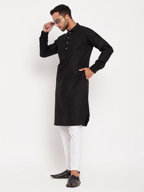 Vastramay Men's Black And White Cotton Blend Pathani Suit With White Pant Set