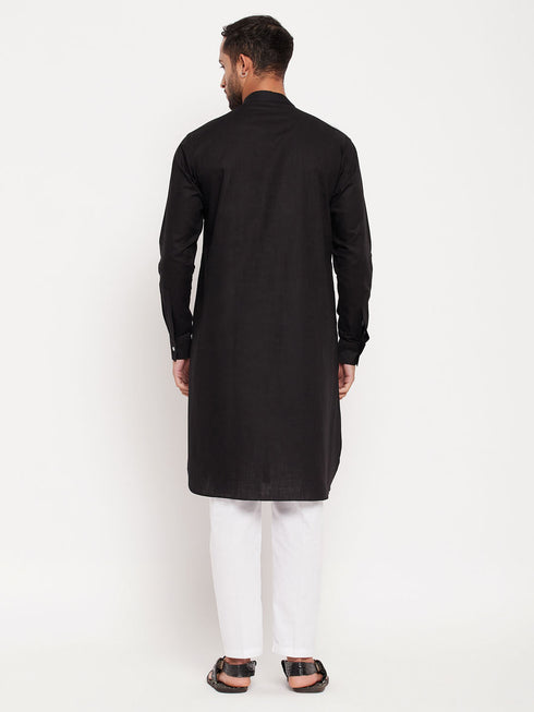 Vastramay Men's Black And White Cotton Blend Pathani Suit With White Pant Set
