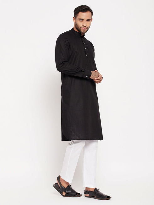 Vastramay Men's Black And White Cotton Blend Pathani Suit With White Pant Set