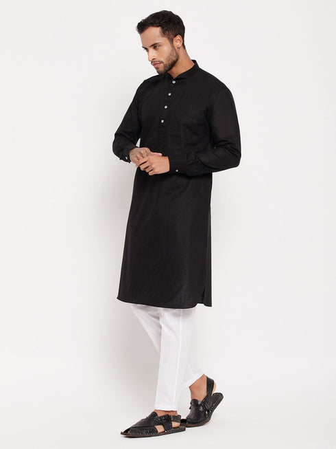 Vastramay Men's Black And White Cotton Blend Pathani Suit With White Pant Set