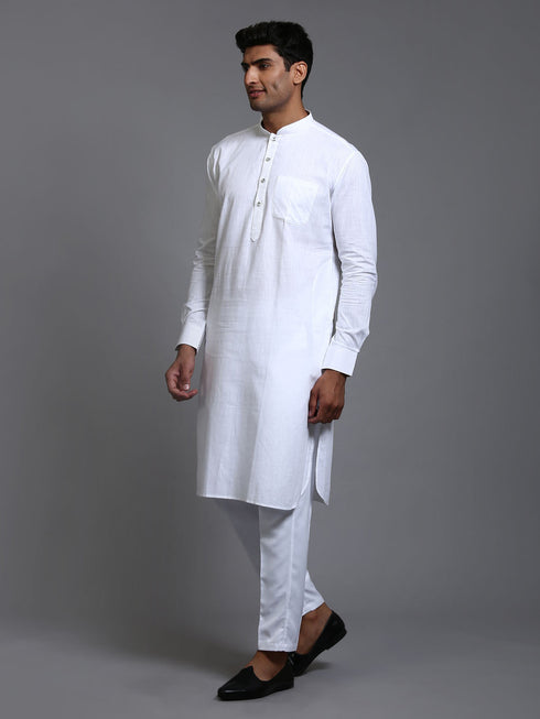 Vastramay Men's White Cotton Blend Pathani Kurta with Pant Set