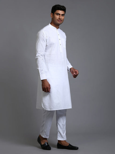 Vastramay Men's White Cotton Blend Pathani Kurta with Pant Set