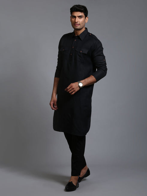 Vastramay Men's Black Pathani Suit Set
