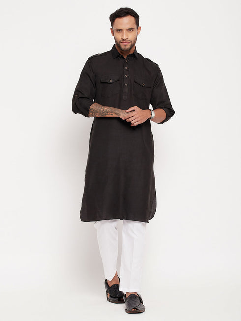 Vastramay Men's Black Pathani Suit With White Pant Set