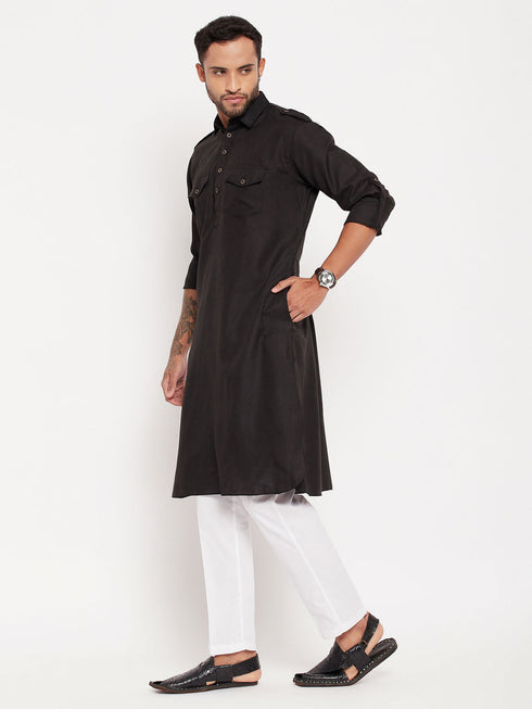 Vastramay Men's Black Pathani Suit With White Pant Set