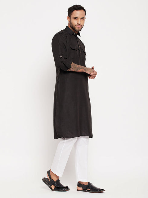 Vastramay Men's Black Pathani Suit With White Pant Set