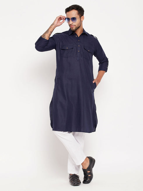 Vastramay Men's Blue Pathani Suit With White Pant Set