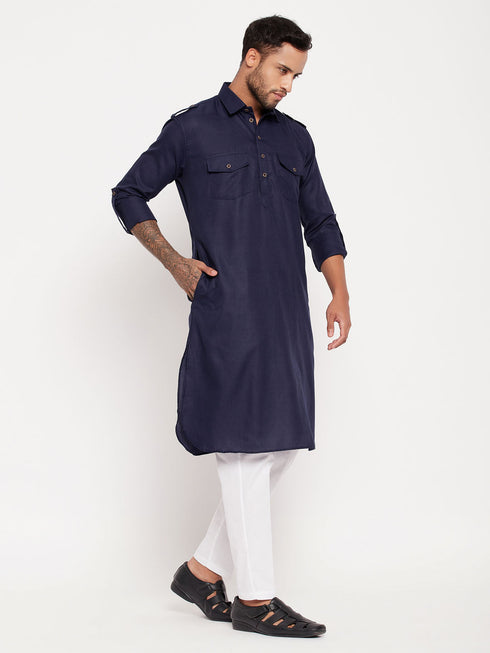 Vastramay Men's Blue Pathani Suit With White Pant Set