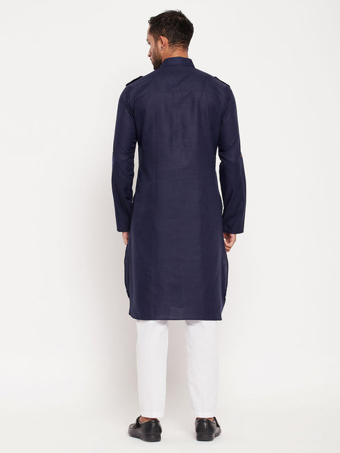 Vastramay Men's Blue Pathani Suit With White Pant Set