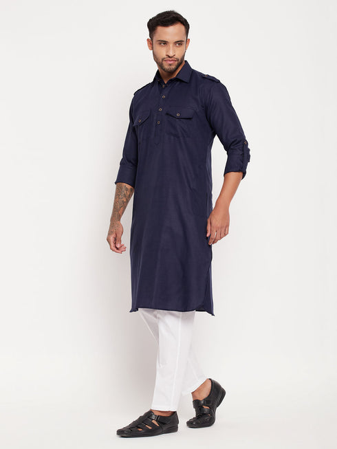 Vastramay Men's Blue Pathani Suit With White Pant Set