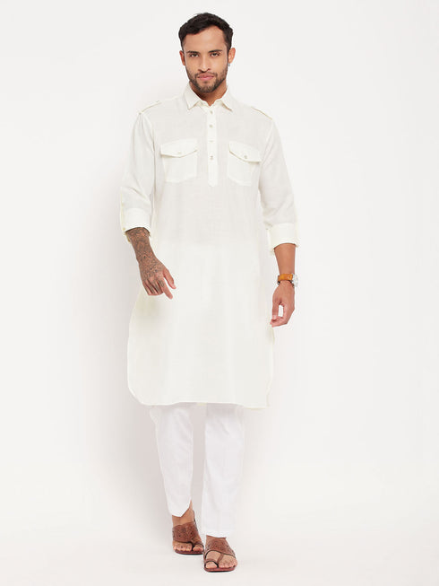 Vastramay Men's Cream Pathani Suit With White Pant Set