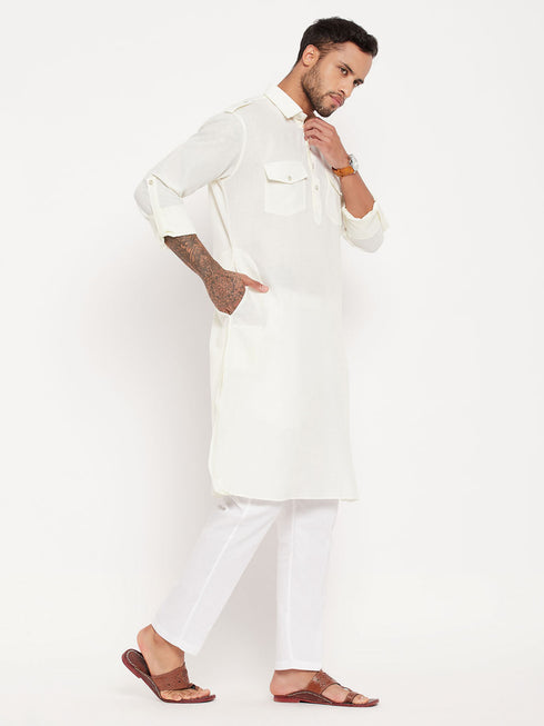 Vastramay Men's Cream Pathani Suit With White Pant Set