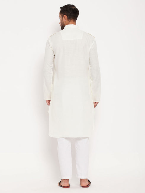 Vastramay Men's Cream Pathani Suit With White Pant Set