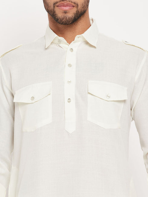 Vastramay Men's Cream Pathani Suit With White Pant Set