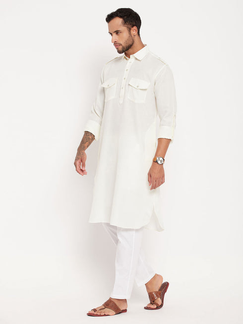 Vastramay Men's Cream Pathani Suit With White Pant Set