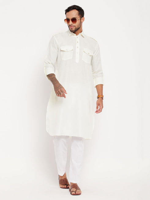 Vastramay Men's Cream Pathani Suit With White Pant Set