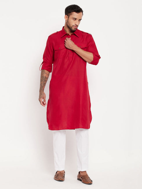 Vastramay Men's Maroon Pathani Suit With White Pant Set