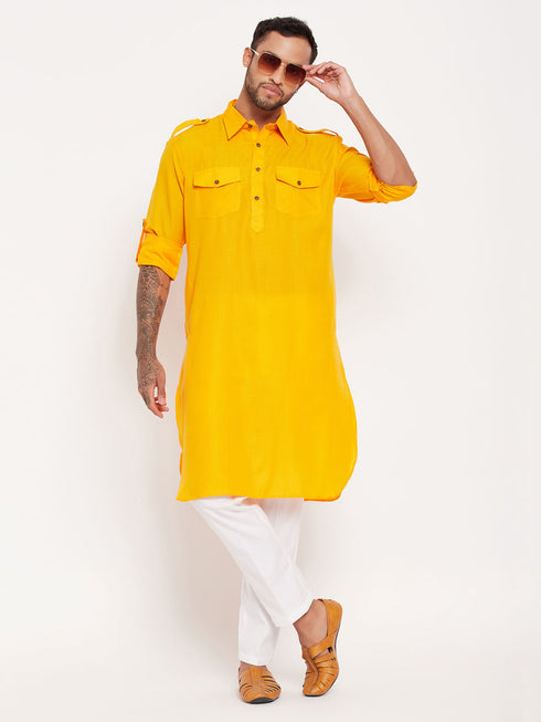 Vastramay Men's Mustard Pathani Suit With White Pant Set