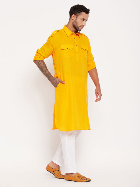 Vastramay Men's Mustard Pathani Suit With White Pant Set