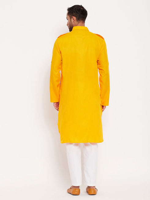 Vastramay Men's Mustard Pathani Suit With White Pant Set